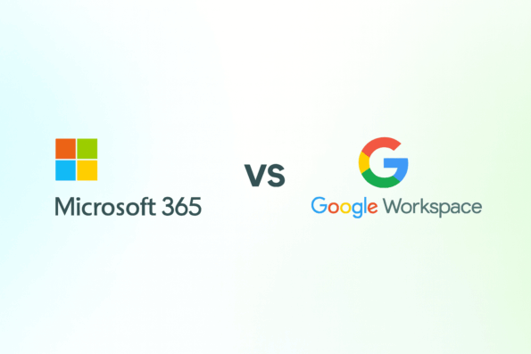 Graphic comparing Google Workspace and Microsoft 365 productivity apps, illustrating collaboration, cloud storage, and office tools.