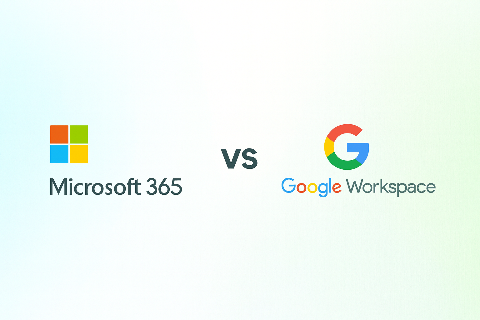 Graphic comparing Google Workspace and Microsoft 365 productivity apps, illustrating collaboration, cloud storage, and office tools.