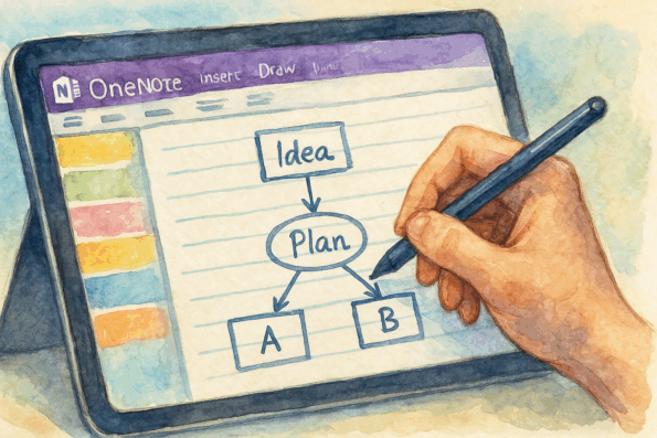 A watercolor-style illustration showing a hand actively handwriting a flowchart inside OneNote on a tablet.